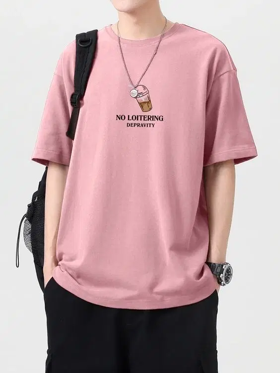 Round Neck Printed T-shirt for Men (Pink, XL)