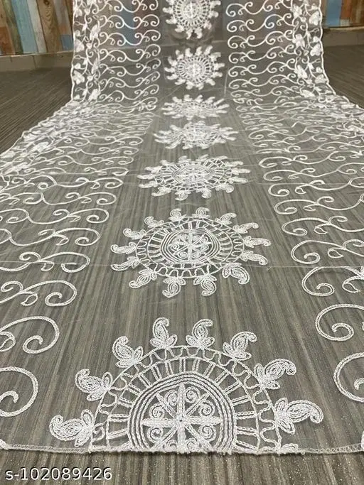 Floral Aari Work Embroidered Net Dupatta for Women (White, Free Size)