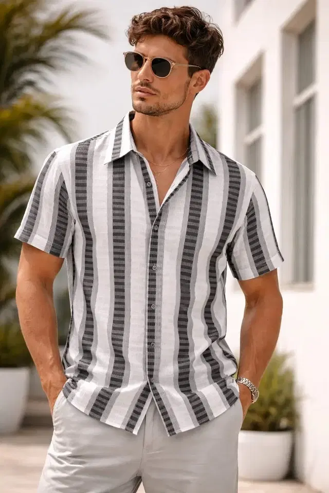 Striped Casual Shirts for Men (White & Grey, S)