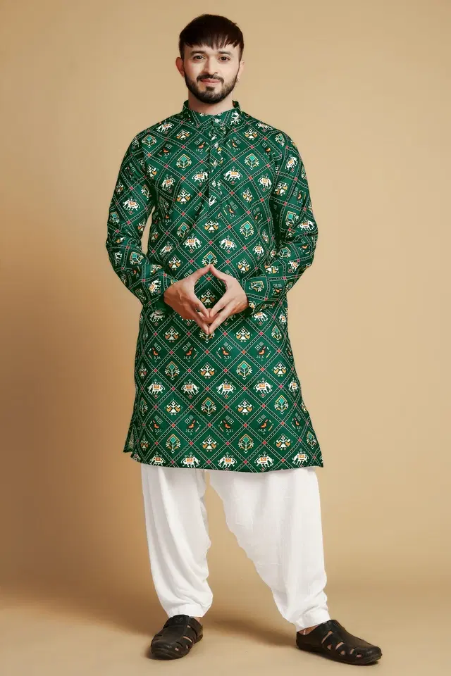 Cotton Blend Self-Design Kurta for Men, Bottle Green (XL)