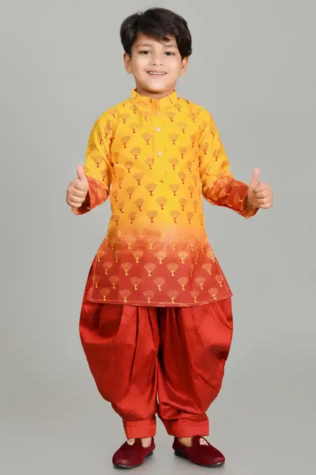 Cotton Printed Kurta with Patiyala Set for Boys (Yellow & Red, 6-12 Month)