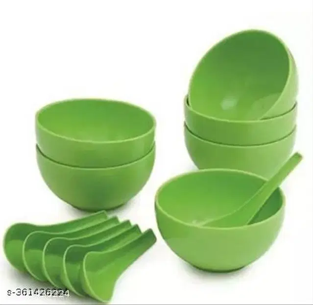 Plastic Bowls, 6 Pcs with 6 Pcs Spoons, Green, Set of 2