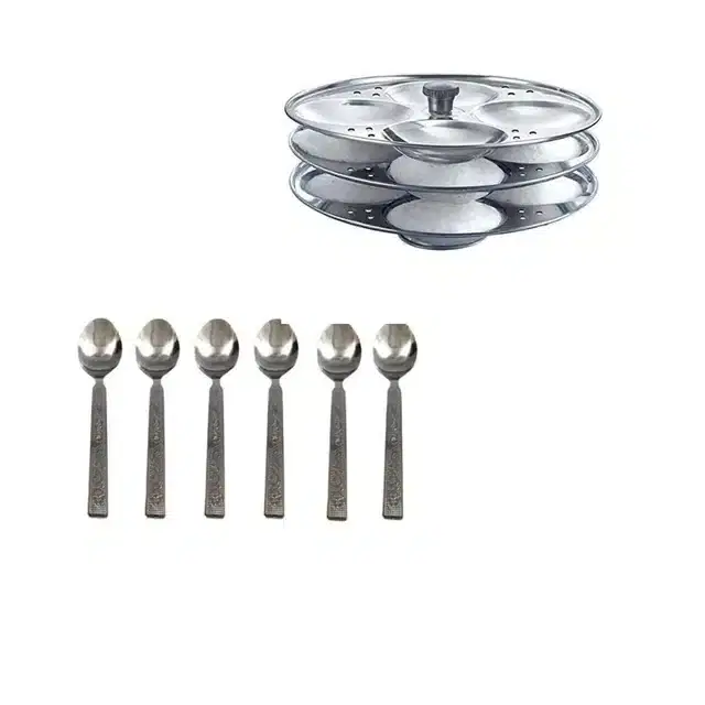 Stainless Steel 6 Steel Chammach & Idli Making Stand of 3 Plates, Combo of 2
