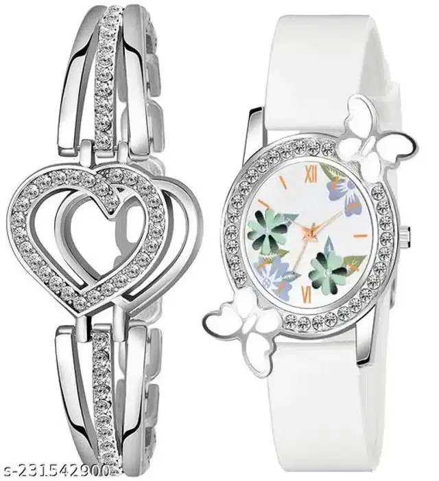 Analog Watch with Bracelet for Women, Set of 2 (Multicolor)