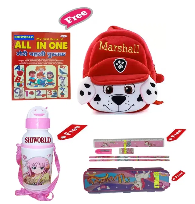 Combo of Kids Cartoon Bag Backpack, All In One Book, Water Bottle & Gift Set Geometry Set, Multicolor, Set of 1