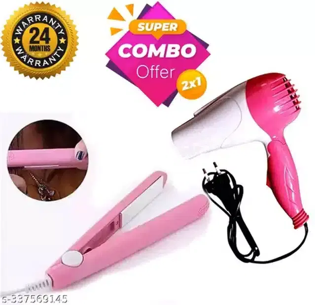 Mini Hair Straightener with Hair Dryer Combo, Multicolor, Set of 2