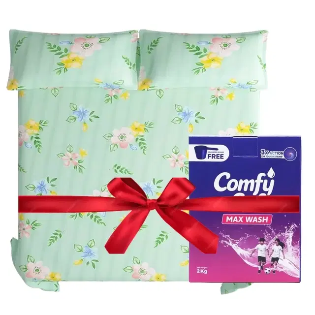 Comfy Soft Max Wash Detergent Powder 2 Kg Box + Flat Double Bedsheet With 2 Pillow Covers Polycotton Cotton (88 X 90, Green Multi Floral)