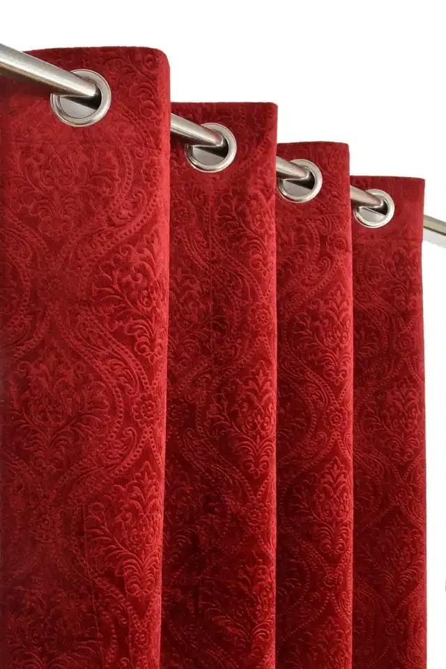 Velvet Printed Window & Door Curtains, Pack of 2, Maroon, 5 feet