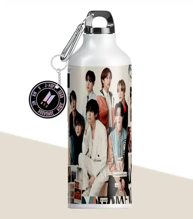 BTS Army BTS Logo Aluminium Printed Sipper Bottle with Keychain, Pack of 2, Multicolor, 350 ml, Gt-341