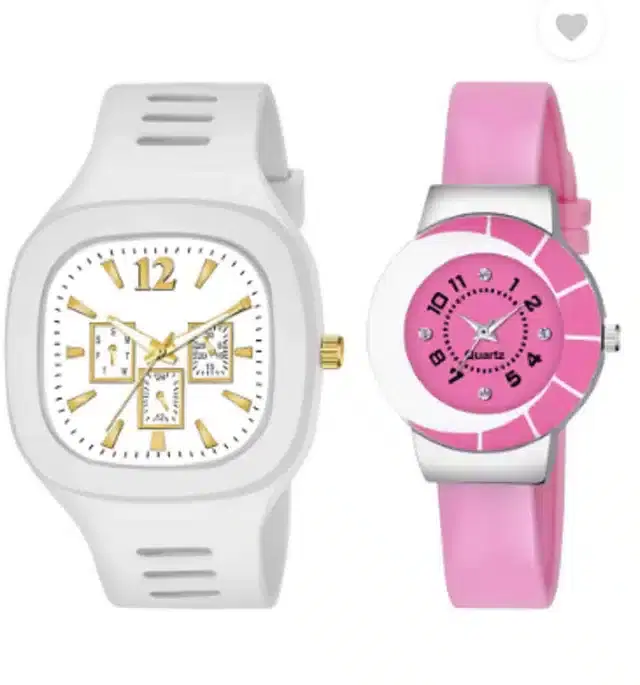 Couple Analog Watches, Pack of 2 (White & Pink)