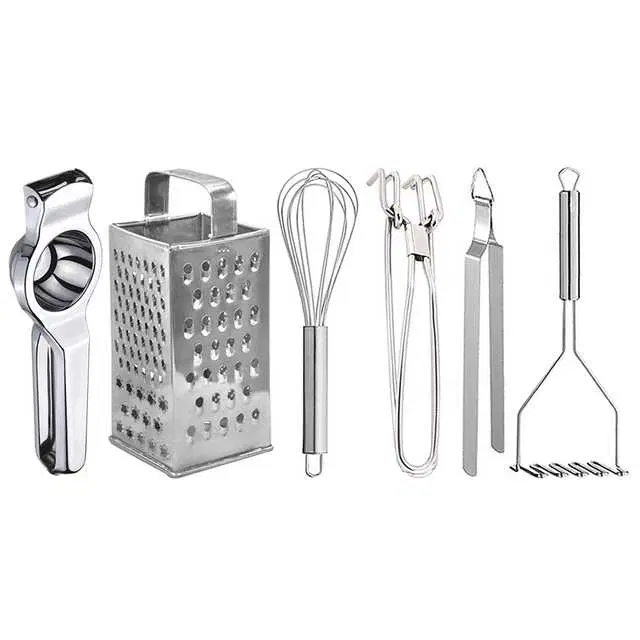 Oc9 Stainless Steel Lemon Squeezer & 4 in 1 Grater Or Slicer & Egg Whisk & Pakkad & Roti Chimta & Potato Masher Kitchen Tool Set, O-158