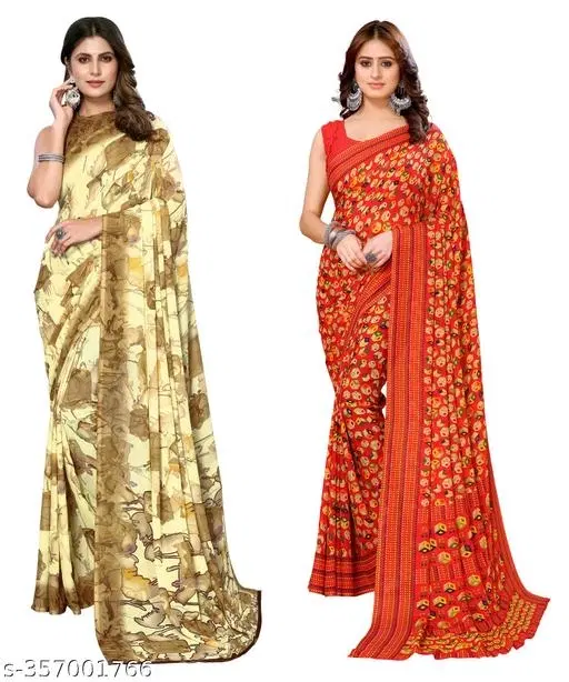 Georgette Saree for Women, Pack of 2 (Beige, Free Size)