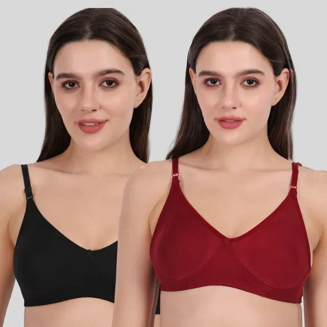 Cotton Bra for Women, Black & Red, Pack of 2 (28B)