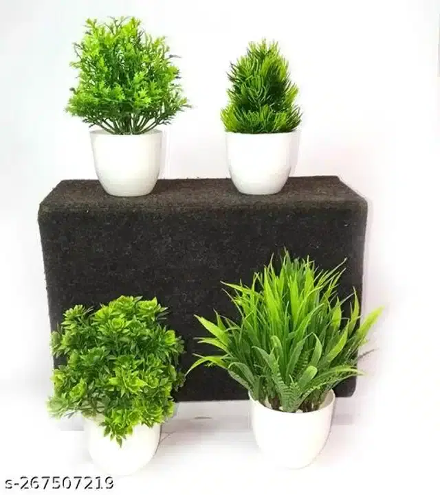 Artificial Plants with Pot, Green & White, Set of 4