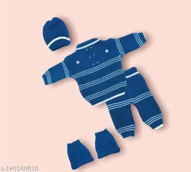 Woolen Striped Sweater with Pyjama & Cap with Socks for Kids (Blue, 0-3 Months)