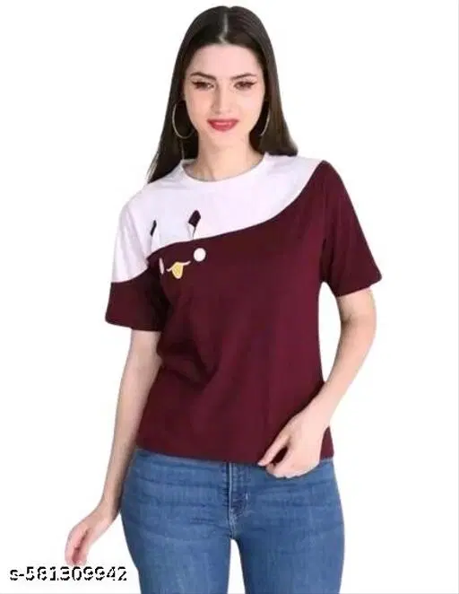 Polycotton Printed T-Shirt for Women, Maroon (S)