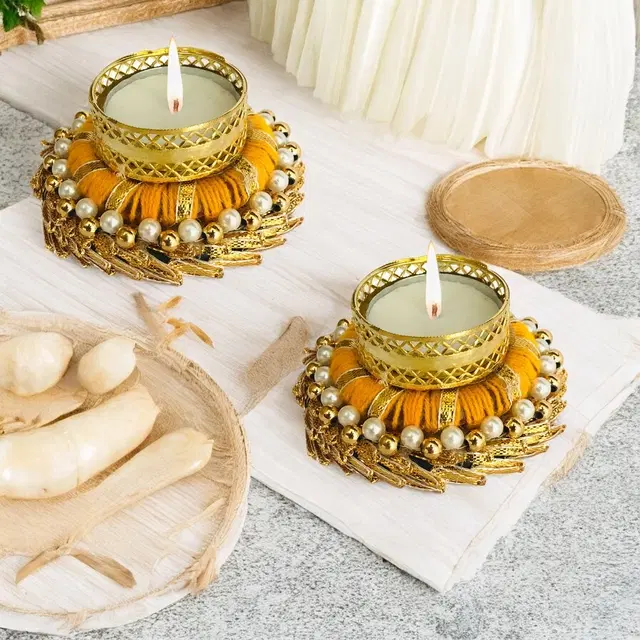 Metal Designer Tealight Candle Holder, Yellow, 8.5x8.5x3.5 cm, Pack of 2
