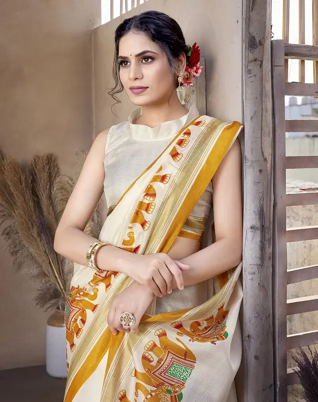 Printed Kalamkari Assam Art Silk Saree with Blouse for Women (Yellow, Free Size)