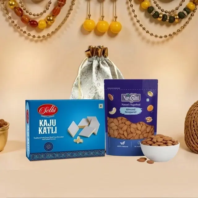 Gift Pack- Sethi Kaju Katli 200 g, Navguni Almond Nonpareil 200 g with Potli