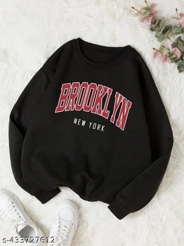 Fleece Printed Sweatshirt for Women (Black, S)