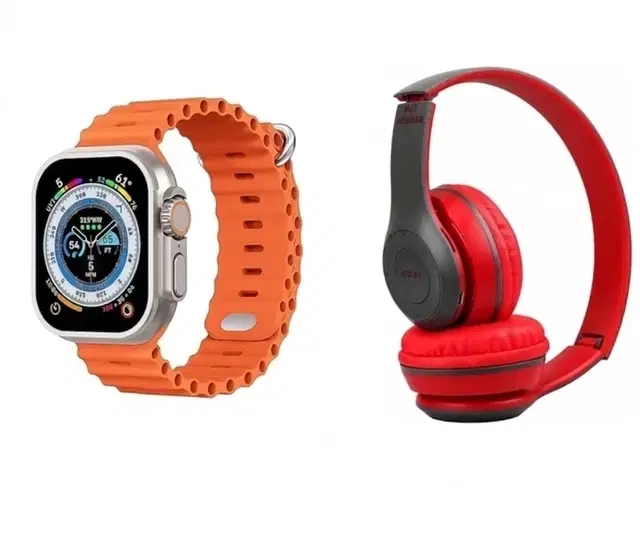 P47 Wireless Bluetooth Headphone (Red) with Mic & FM/SD Support and Tecsox 2.19" Screen BT Calling Smart Watch (Orange, Combo Pack)