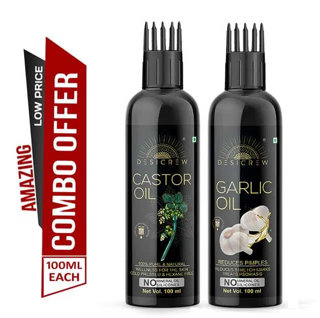 Desi Crew Cold Pressed Pure Castor Oil & Garlic Oil, Pacak Of 2, 100 ml, KGE-134