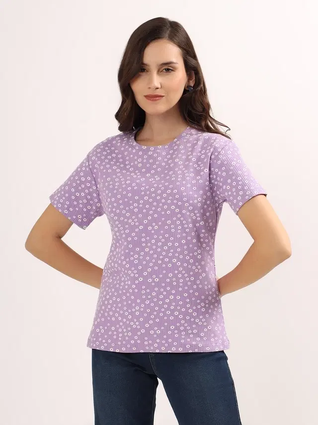 Round Neck Printed T-Shirt for Women, Purple (L)