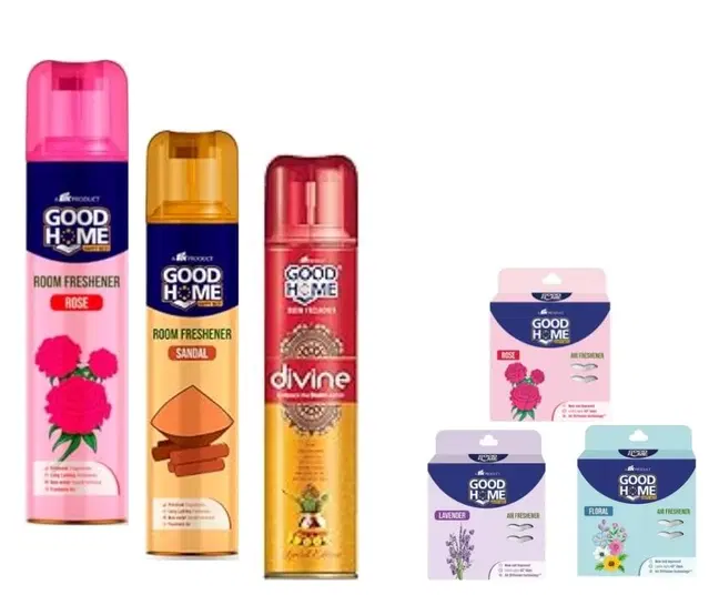Combo of Goodhome Sandal, Rose & Divine Room Freshener, 130 g, Pack of 3 with 3 Pcs Free Hanging Sachet, Set of 6