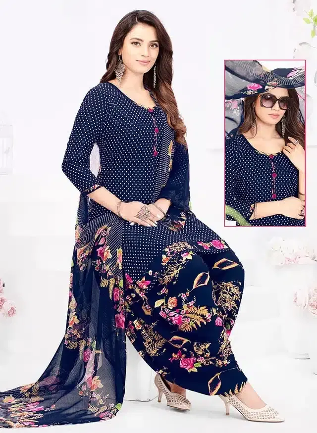 Printed Dress Material for Women (Navy Blue)