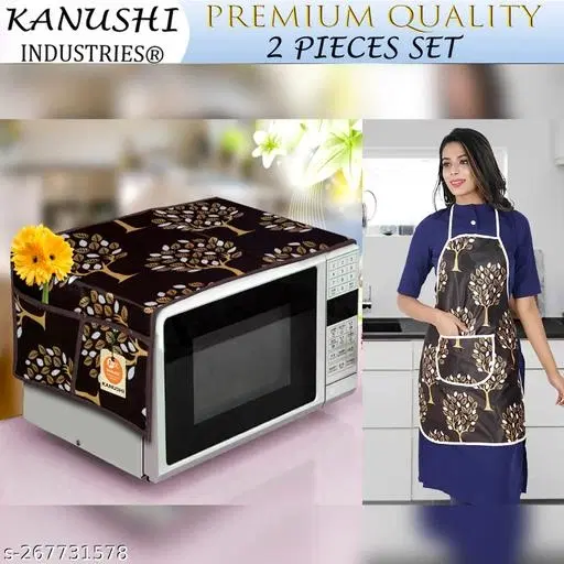 KANUSHI Industries® Microwave / Oven Top Cover With 4 Utility Pockets (Color -Brown)+1 Pc Apron front pocket (MICRO+APRON-BROWN-TREE)