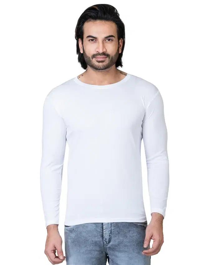 Cotton Blend Round Neck T-shirt for Men, White (L)