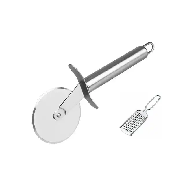 Stainless Steel Cheese Grater & Steel Pizza Cutter, Combo of 2
