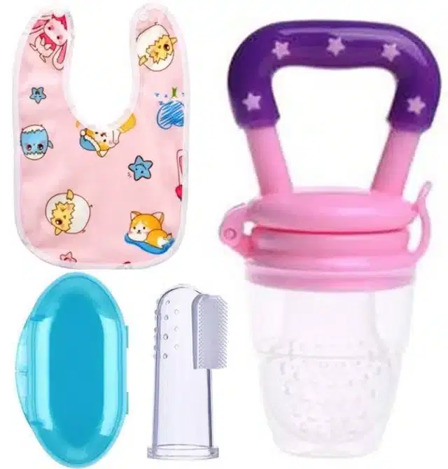 Silicone Fruit Feeder with Finger Brush & Bib for Kids, Multicolor, Set of 3