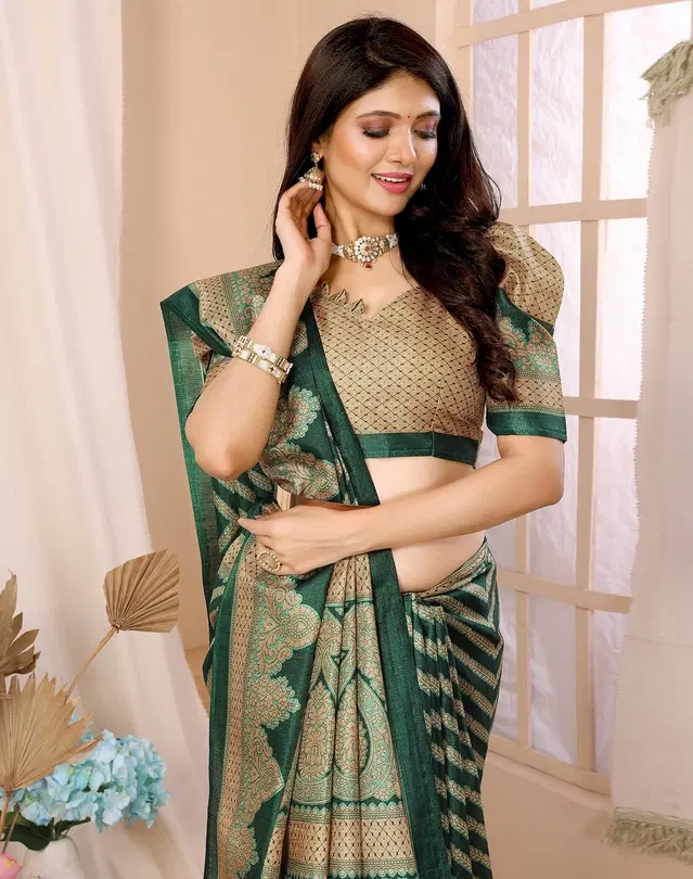 Assam Art Silk Saree for Women (Green, Free Size)