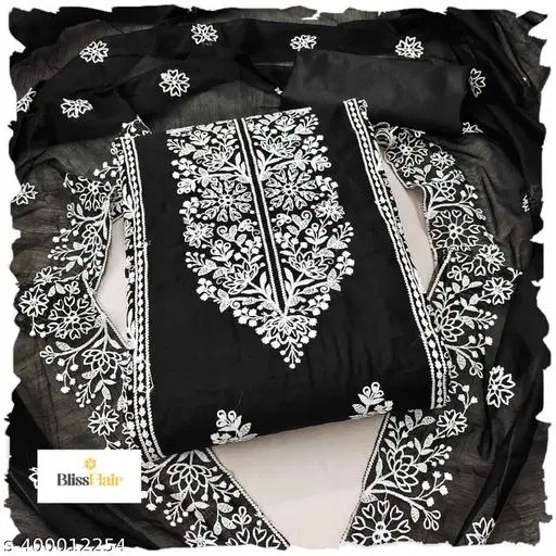 Chanderi Cotton Embroidered Punjabi/All Over Suits for Women (Black, Un Stitched)