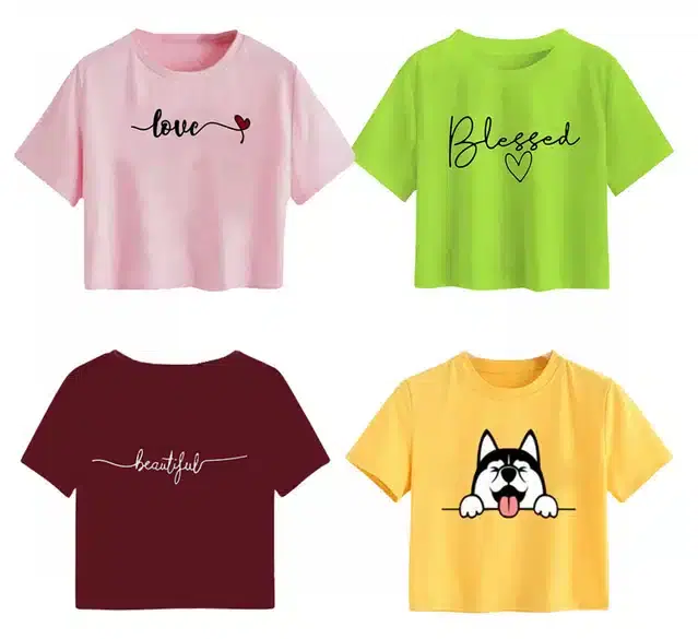 Cotton Printed Crop Tops for Girls, Pack of 4 (Multicolor, 11-12 Years)