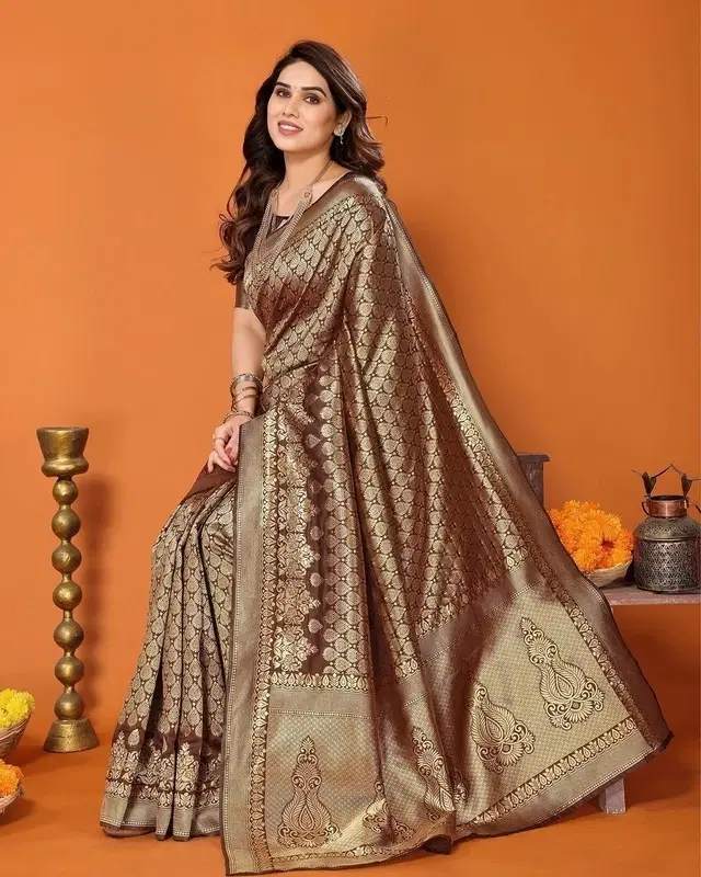 Banarasi Silk Printed Saree for Women, Brown (6.3 m)