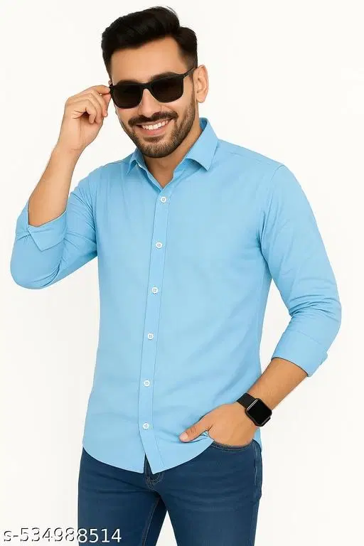 Cotton Blend Solid Shirts for Men, Sky Blue (M)