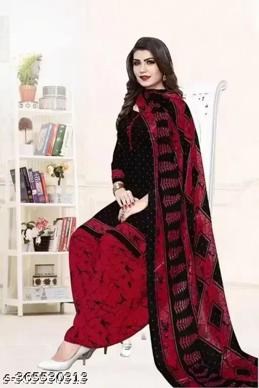 Floral Print Unstitched Suit Fabric for Women & Girls, Black & Red
