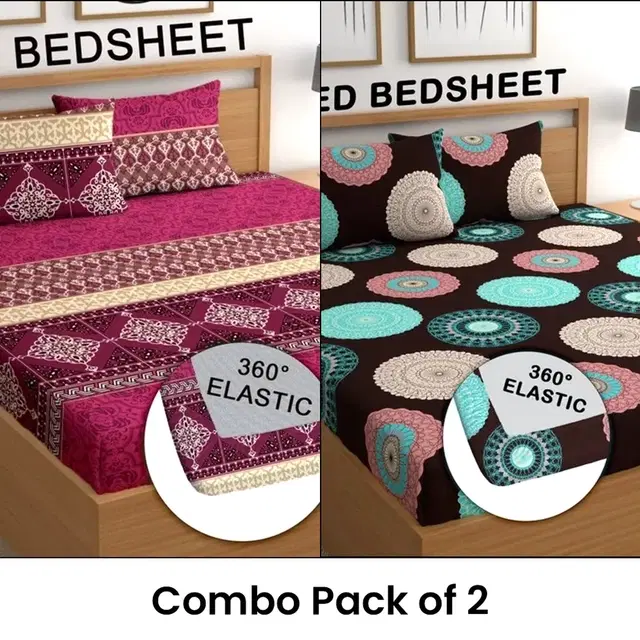 Polycotton Fitted Elastic Double Bedsheet (Maroon & Multicolor) Pack of 2