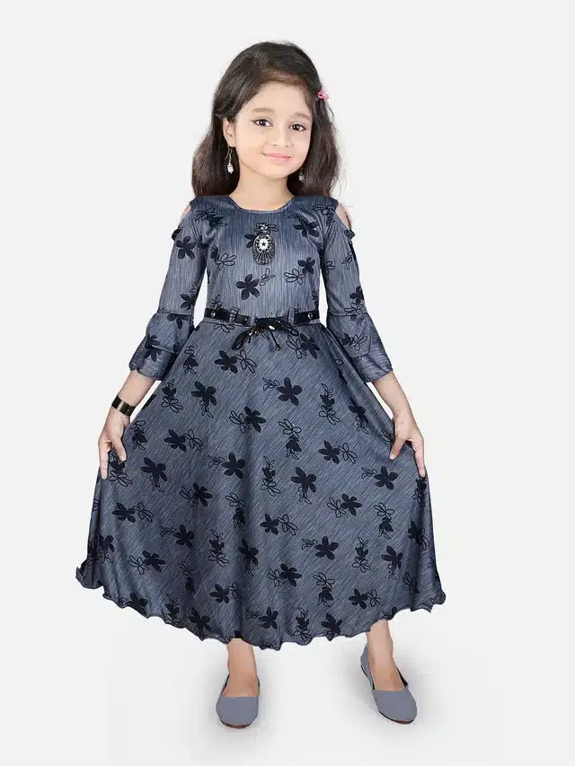 Three Quarter Sleeves Gown for Girls (Grey, 9-10 Years)