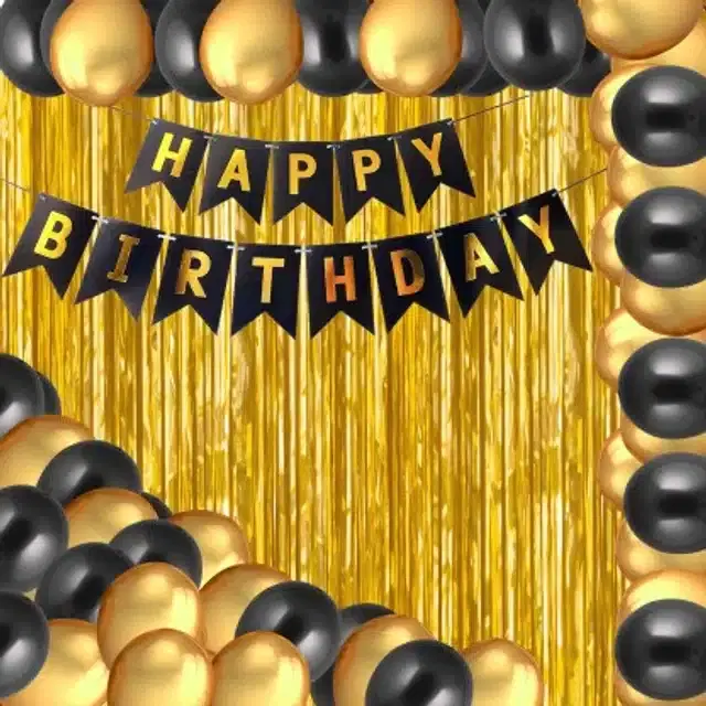 Banner & Balloons for Birthday Decoration, Black & Gold, Set of 33