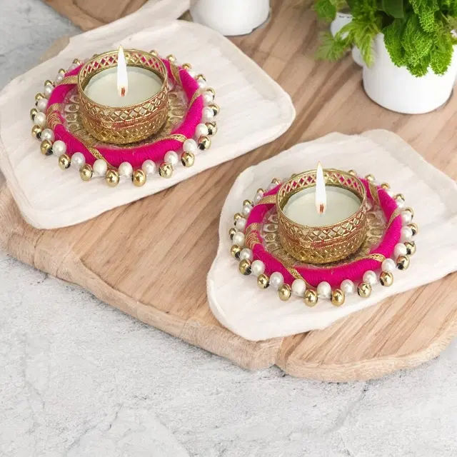 Metal Designer Tealight Candle Holder, Pink, 9x8x1.8 cm, Pack of 2