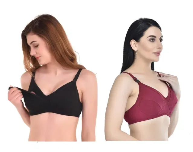 Cotton Blend Solid Non Padded Feeding Bras for Women, Pack of 2 (Multicolor, 32)