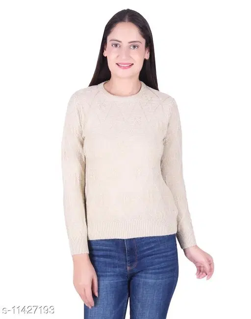 Acrylic Solid Sweater for Women (Cream, M)