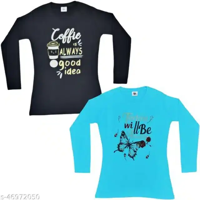 Cotton Full Sleeves T-Shirt for Girls, Pack of 2 (Black & Aqua Blue, 6-7 Years)