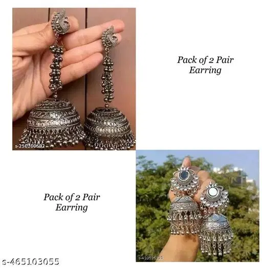 Big Size Jhumka 2 Pair Afghani Style Earrings Long Earrings For Women Oxidized Jewelry For Girls German Silver Boho Jhumas Stylish Earring