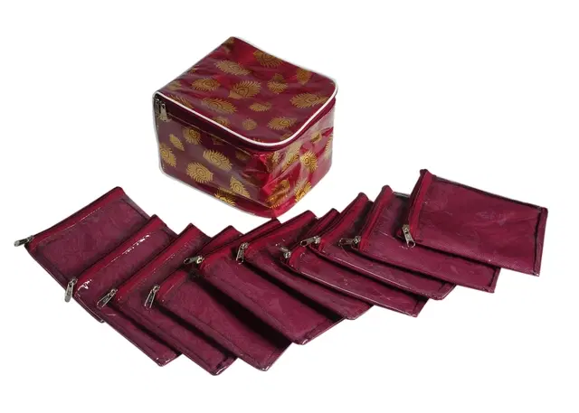 Canvas Printed Jewellery Organizer Bag with 10 Pcs Separate Pouches, Maroon, Set of 1