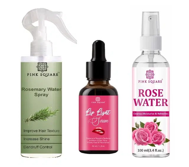 Pink Square Rosemary Hair Spray, 100 ml with Lip Light Serum, 30 ml & Rose Water, 100 ml, Set of 3