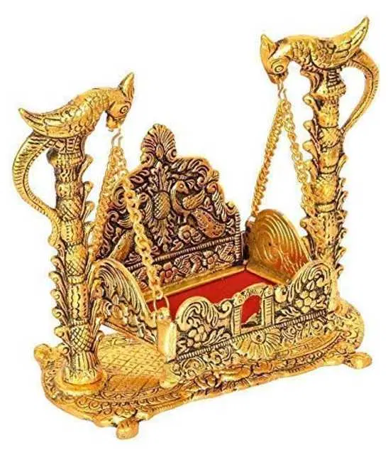 BHARDWAJ RETAILS Metal Handicrafted Pooja Jhula for Laddu Gopal, Gold17.78 x 9.5 x 17.14 cm; Ach263, Assorted, Pack of 1, BR108